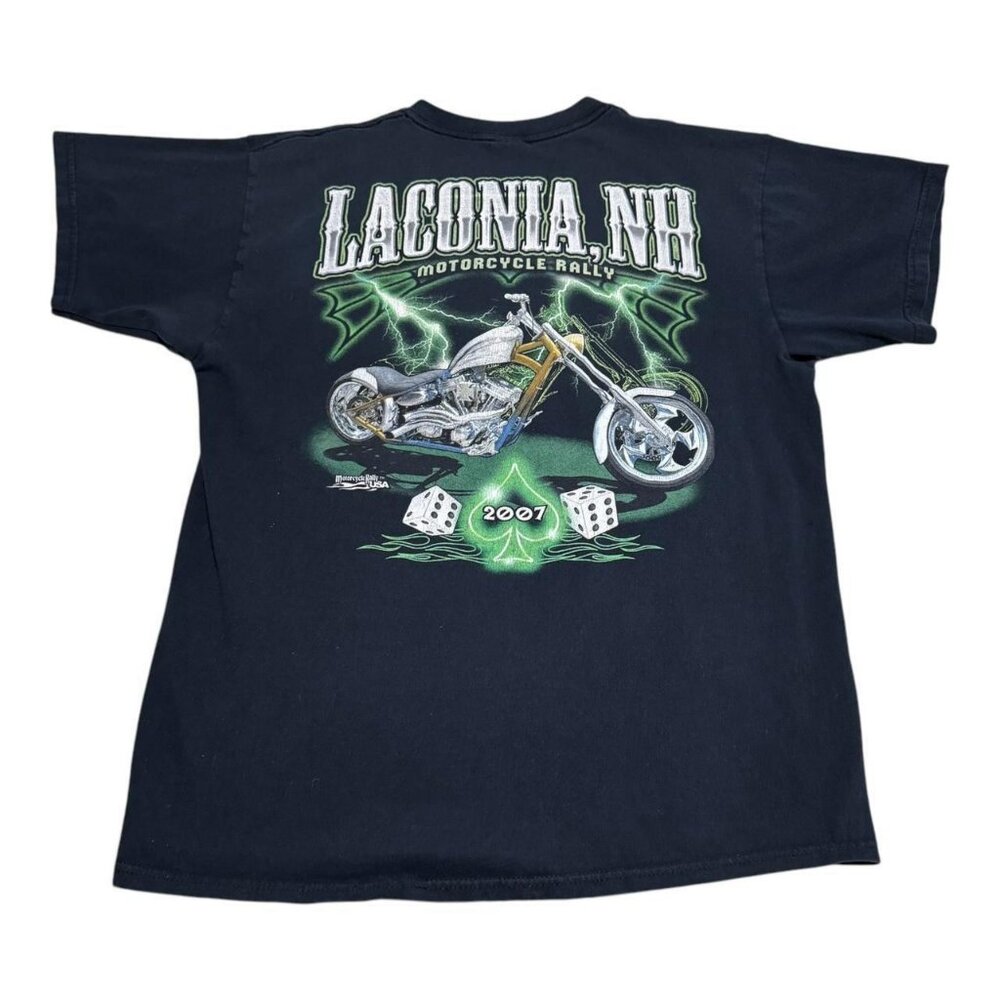2007 Gildan Laconia Motorcycle Rally Green Flame Stained Shirt Adult Large FLAWS